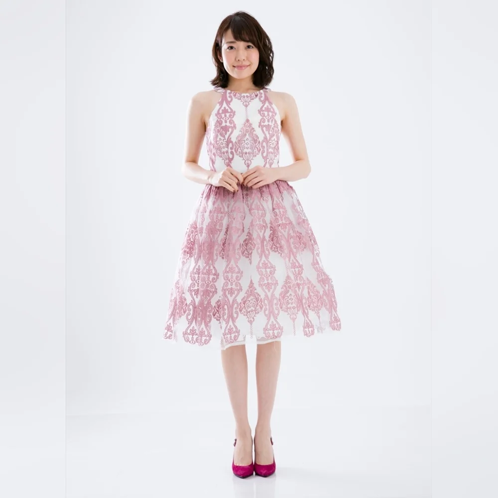 Chi Chi London NEW Pink Halter Dress Tulle Embroidered Overlay Damask Size 16 - Picture 16 of 16